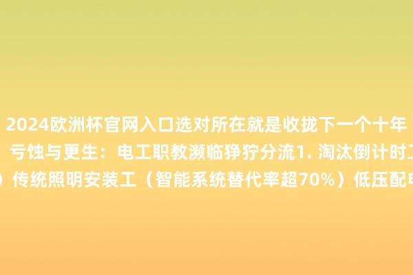 2024欧洲杯官网入口选对所在就是收拢下一个十年造富风口！        一、亏蚀与更生：电工职教濒临狰狞分流1. 淘汰倒计时工种（⚠️高危预警）传统照明安装工（智能系统替代率超70%）低压配电柜拼装工（机器东说念主安装老本降60%）基础剖析检会员（无东说念主机巡检提升率年增200%）2. 将来十年黄金赛说念（💰薪资涨幅图鉴）新兴边界    2025预估薪资     东说念主才缺口新动力储能系统工
